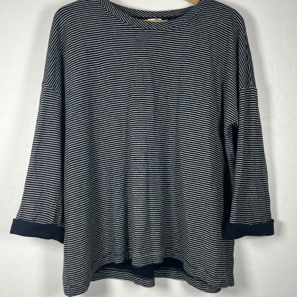 J. Jill Womens Large Navy White Striped Cotton Rayon 3/4 Sleeve Top KTP226051